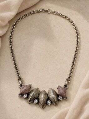 Vintage Gerard Yosca Signed Hammered Silver Tone Pink Stone Statement Necklace